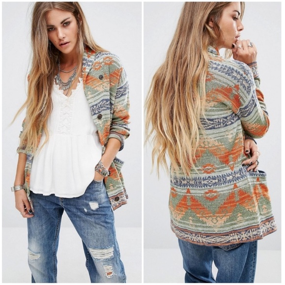 Denim & Supply Ralph Lauren Beacon Print Shawl Cardigan Orange Blue Aztec Medium - Picture 1 of 5